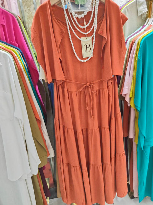 Linen Tiered Sundress With Crop Cardigan Sets